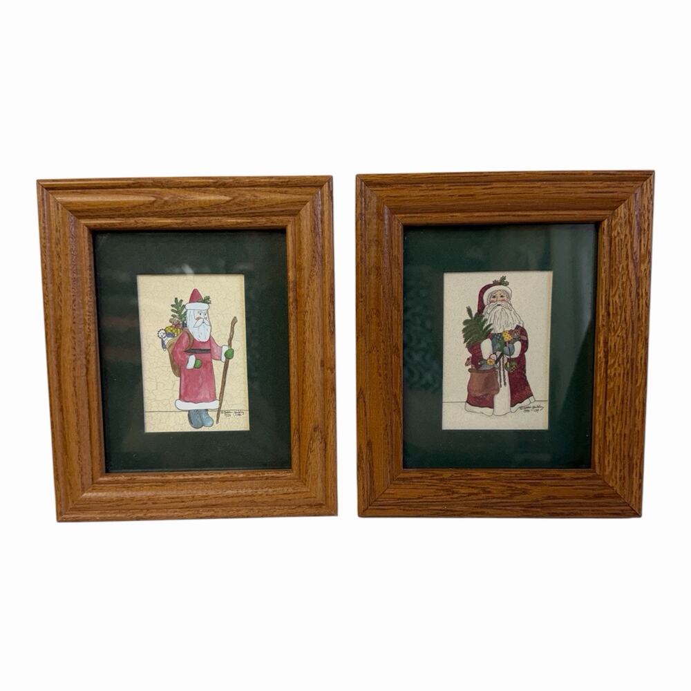 Debbie Yackley 2 Christmas Prints Matted & Framed Santa Folk Art 6.25”x5.25”